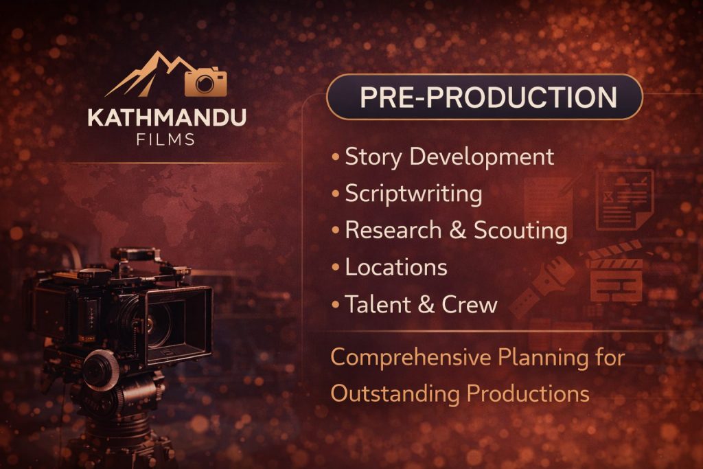 PRE- PRODUCTION: ( STORY, SCRIPT, SCREEN PLAY, RESEARCH, SCOUTING, SPACE, TALENT, CREW)
