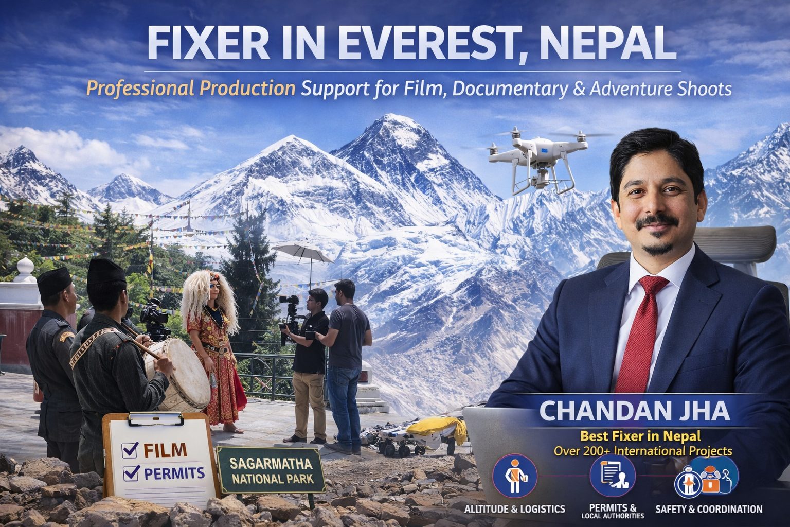 Fixer and crew at Everest film set