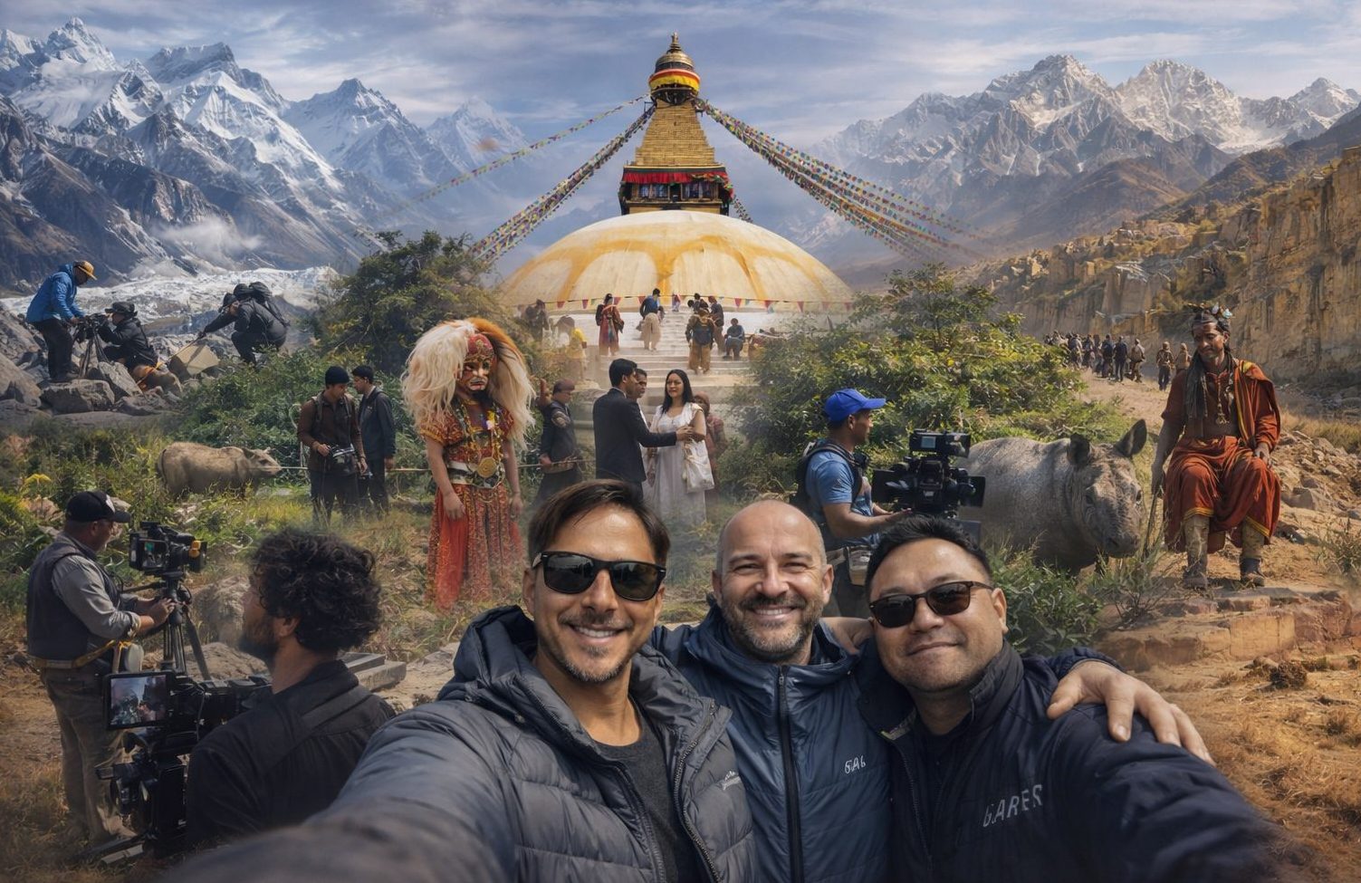 Nepali landscapes and film crew in action